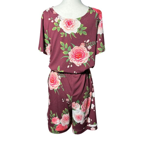 New LuLaRoe S Floral Burgundy/Pink Comfortable Romper Women V-Neck Short Sleeves - Picture 6 of 13